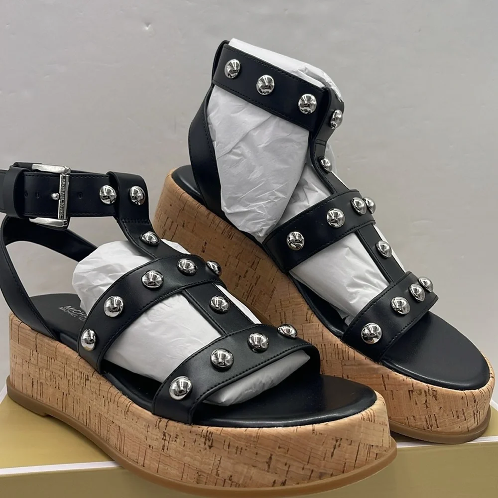 MICHAEL KORS Selah Studded Platform Gladiator Silver Studded Sandal Black New